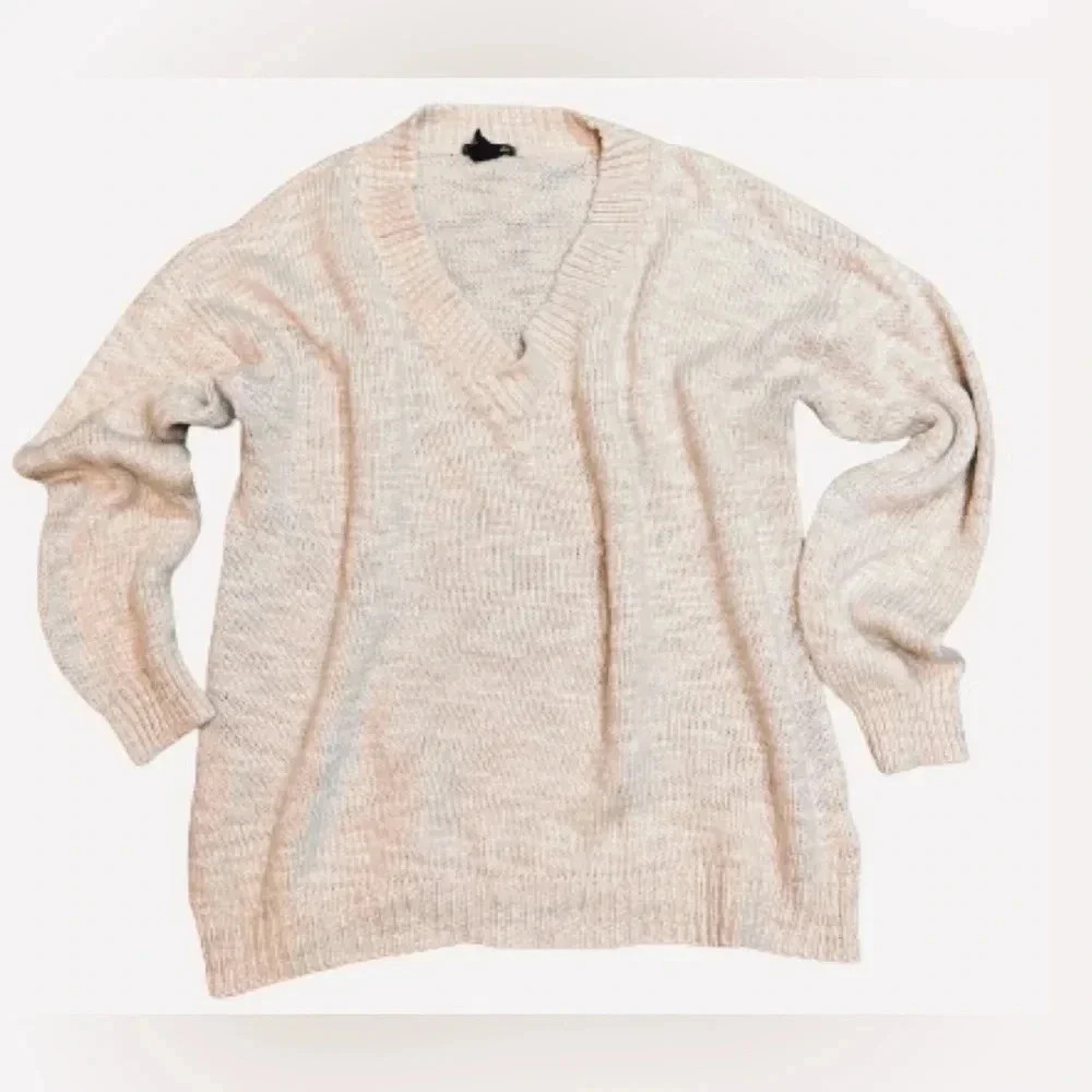 H&M BASIC SWEATER CREAM & TAN VNECK BOYFRIEND LONG SLEEVE KNIT SIZE XL